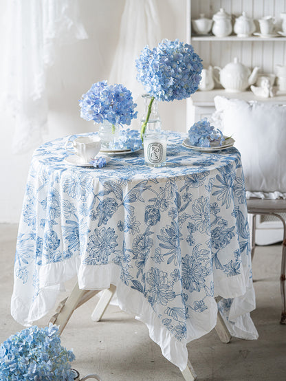 Chinoiserie Blue & White Embroidered Cotton Tablecloth with Ruffled Trim