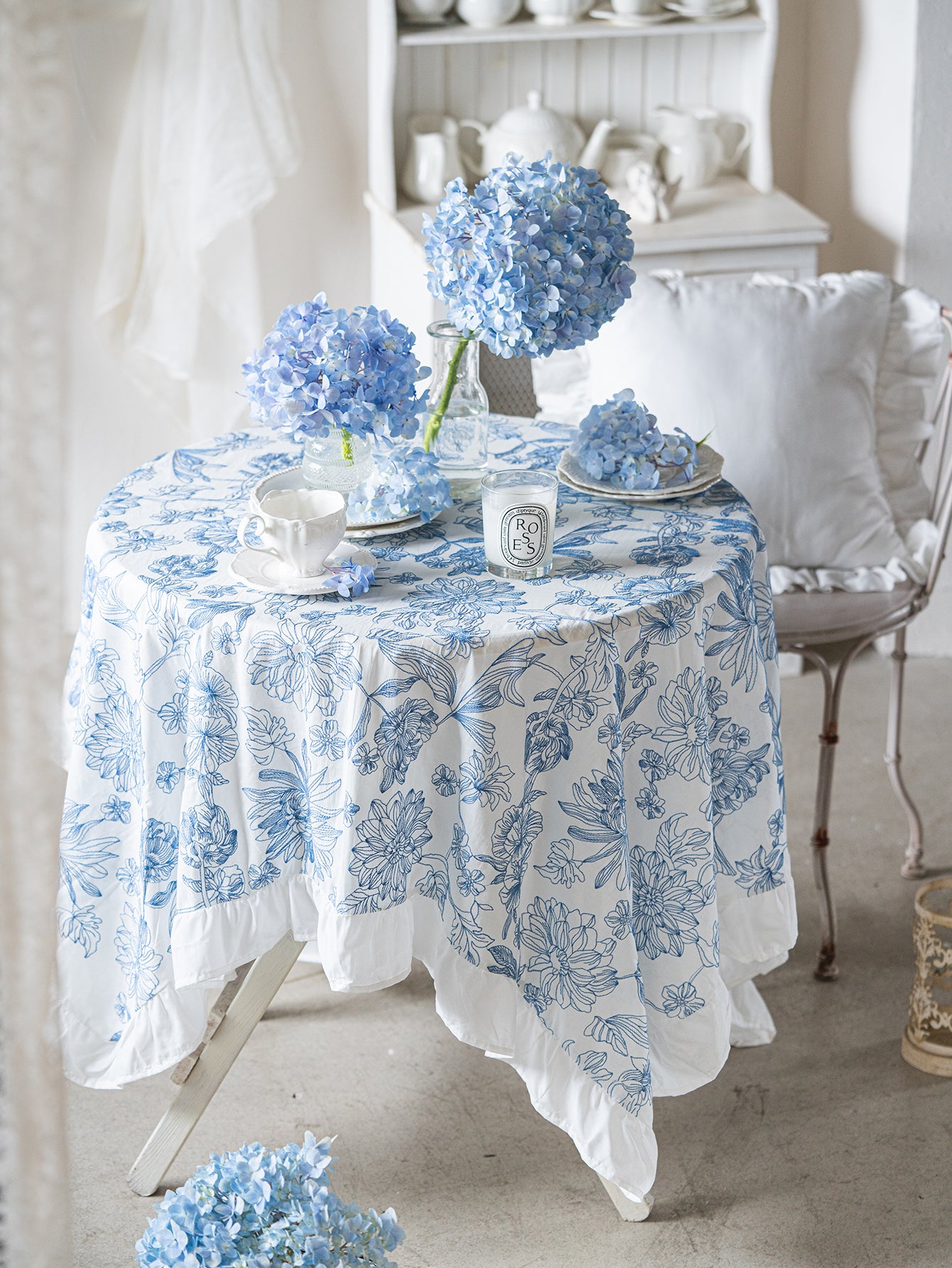 Chinoiserie Blue & White Embroidered Cotton Tablecloth with Ruffled Trim
