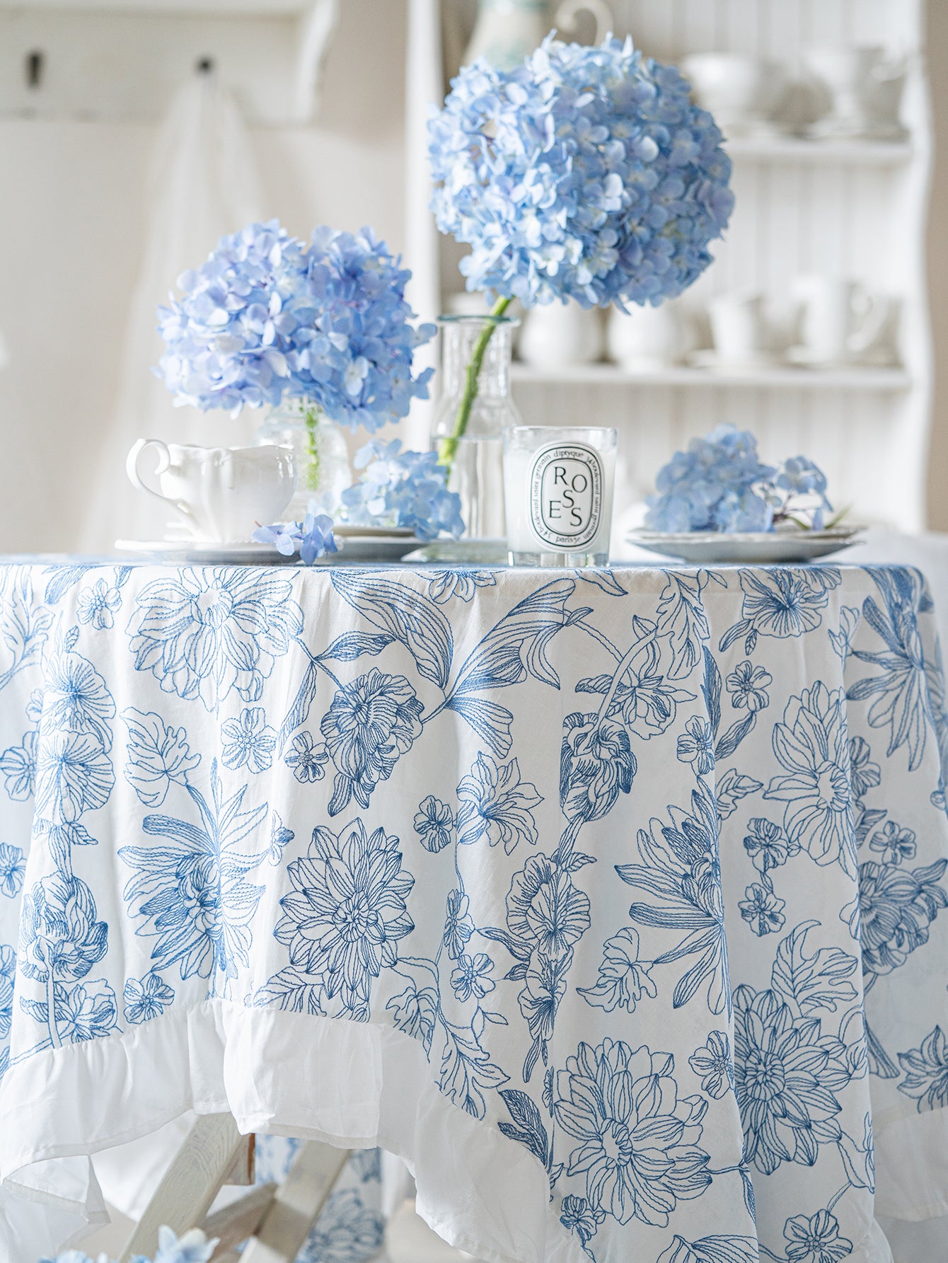 Chinoiserie Blue & White Embroidered Cotton Tablecloth with Ruffled Trim
