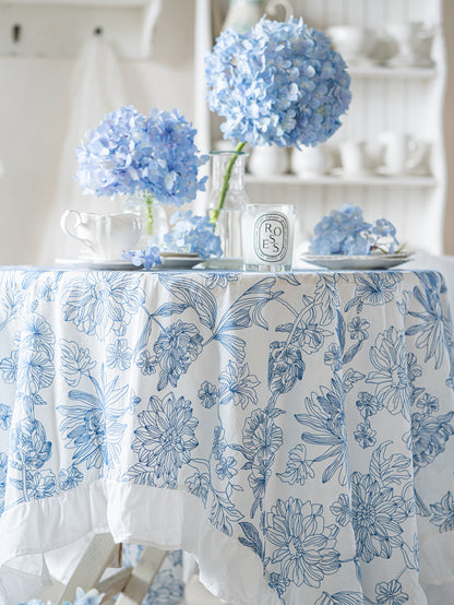 Chinoiserie Blue & White Embroidered Cotton Tablecloth with Ruffled Trim