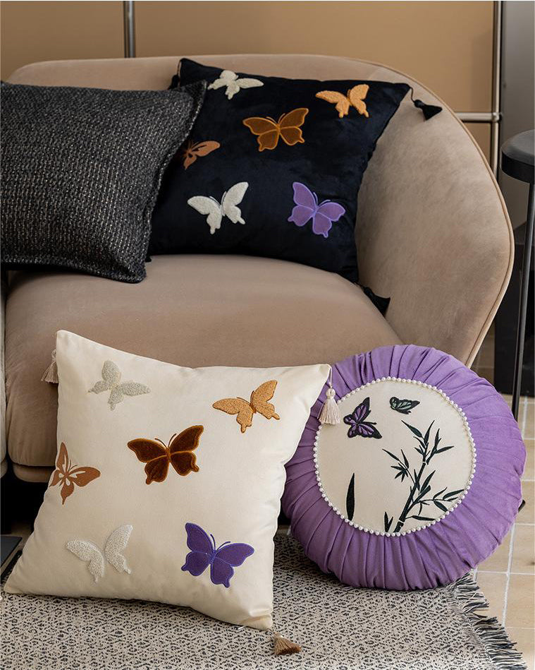 LaLuna Home Chinoiserie Butterfly Embroidered Velvet Throw Pillow - Black