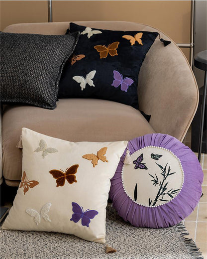 LaLuna Home Chinoiserie Butterfly Embroidered Velvet Throw Pillow - Black