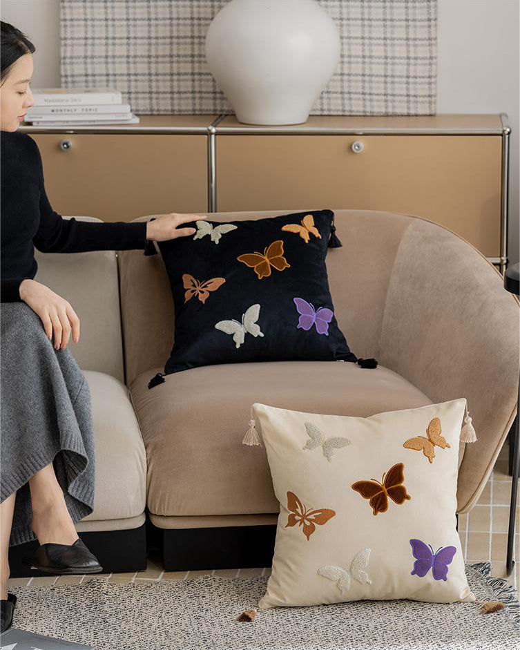LaLuna Home Chinoiserie Butterfly Embroidered Velvet Throw Pillow - Black
