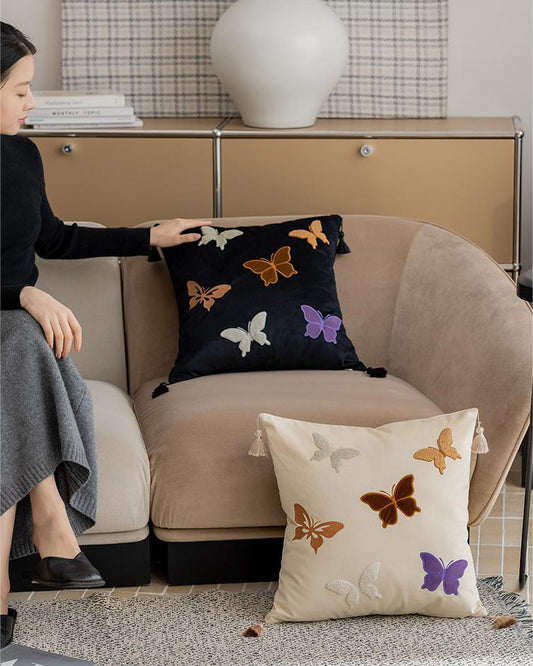 LaLuna Home Chinoiserie Butterfly Embroidered Velvet Throw Pillow - Black