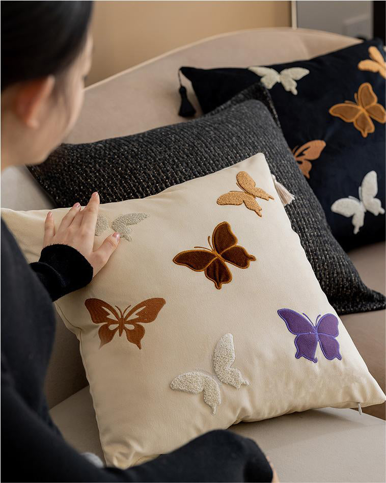 LaLuna Home Chinoiserie Butterfly Embroidered Velvet Throw Pillow - Ivory