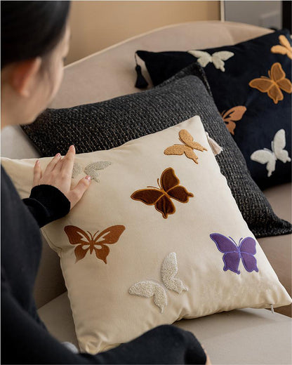 LaLuna Home Chinoiserie Butterfly Embroidered Velvet Throw Pillow - Ivory