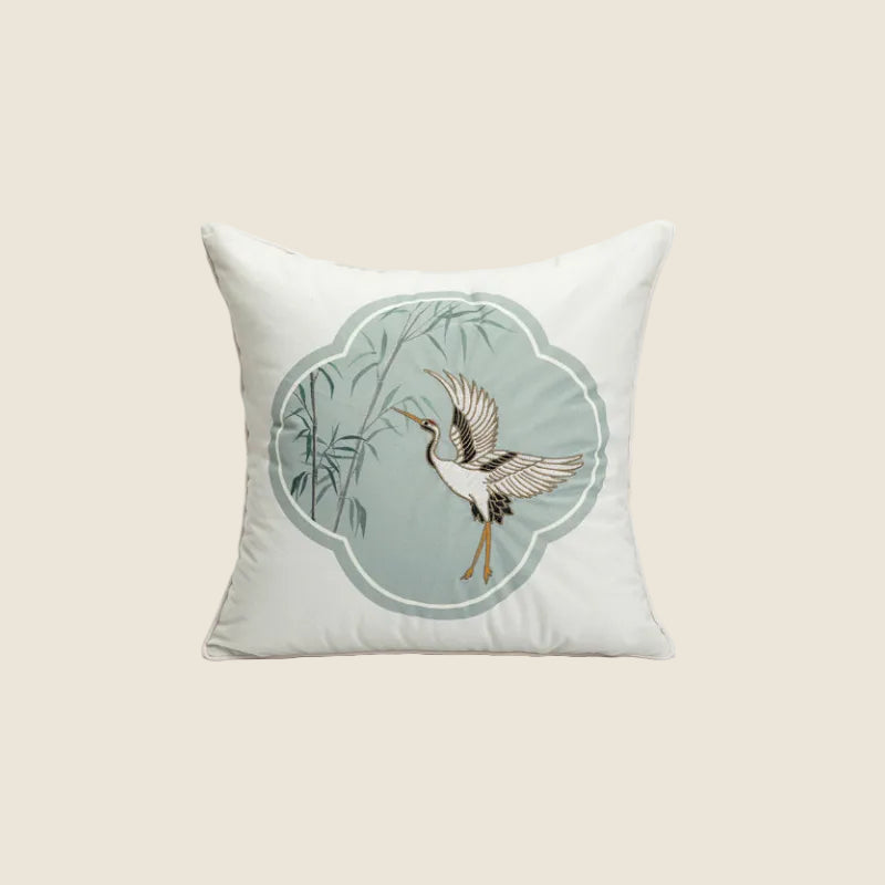 LaLuna Home Chinoiserie Cloud Crane Embroidered Velvet Throw Pillow