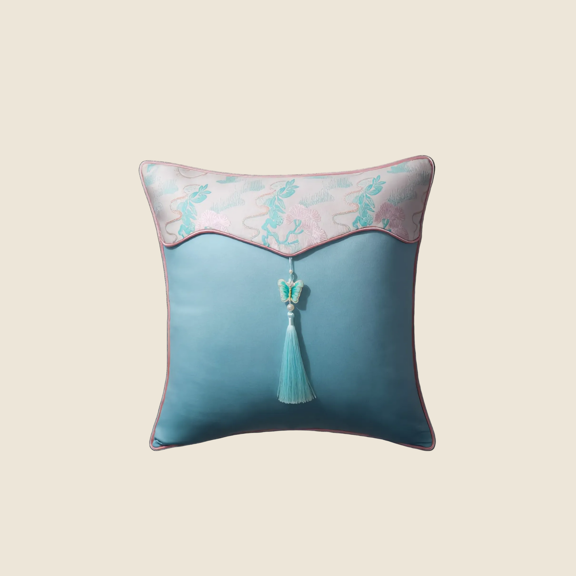 LaLuna Home Chinoiserie  Pine-Crane Pattern Throw Pillow with Butterfly Tassels
