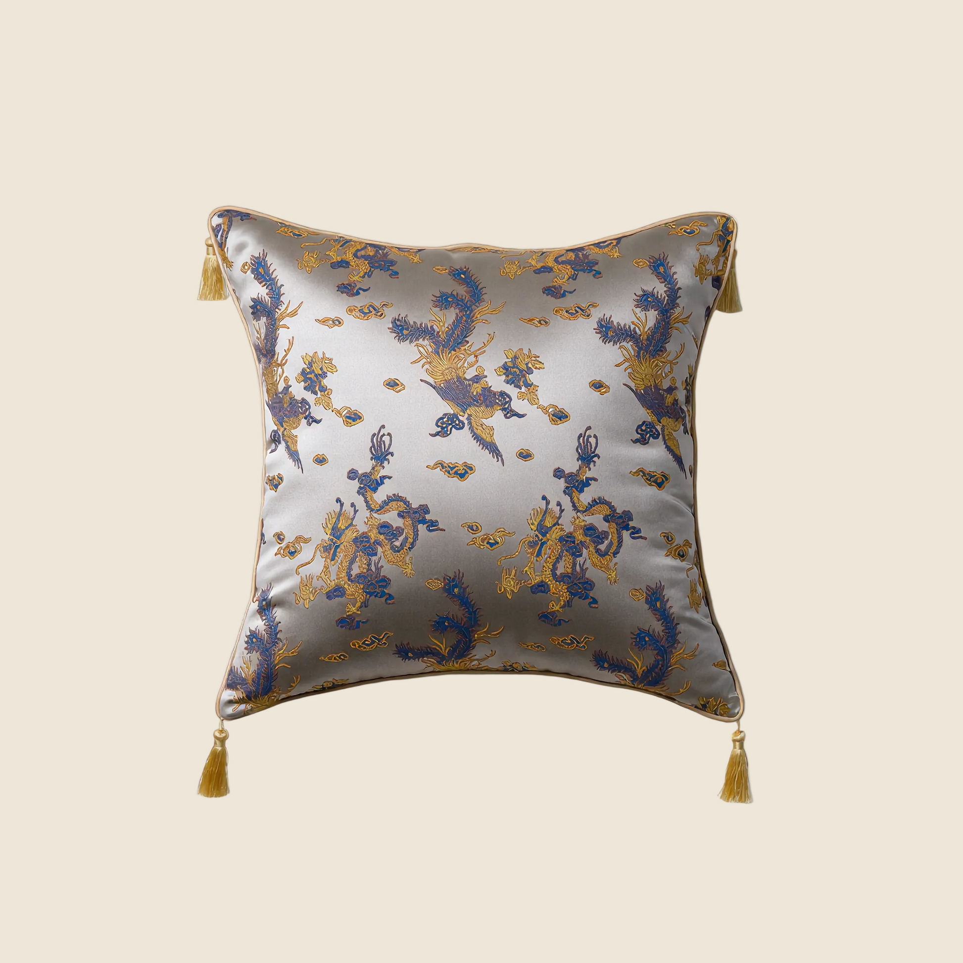 LaLuna Home Chinoiserie  Loong Feng Jacquard Throw Pillow with Tassels