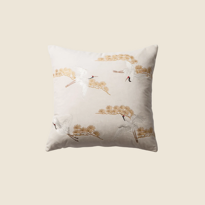 LaLuna Home Chinoiserie Pine&Crane Embroidered Velvet Throw Pillow - Ivory
