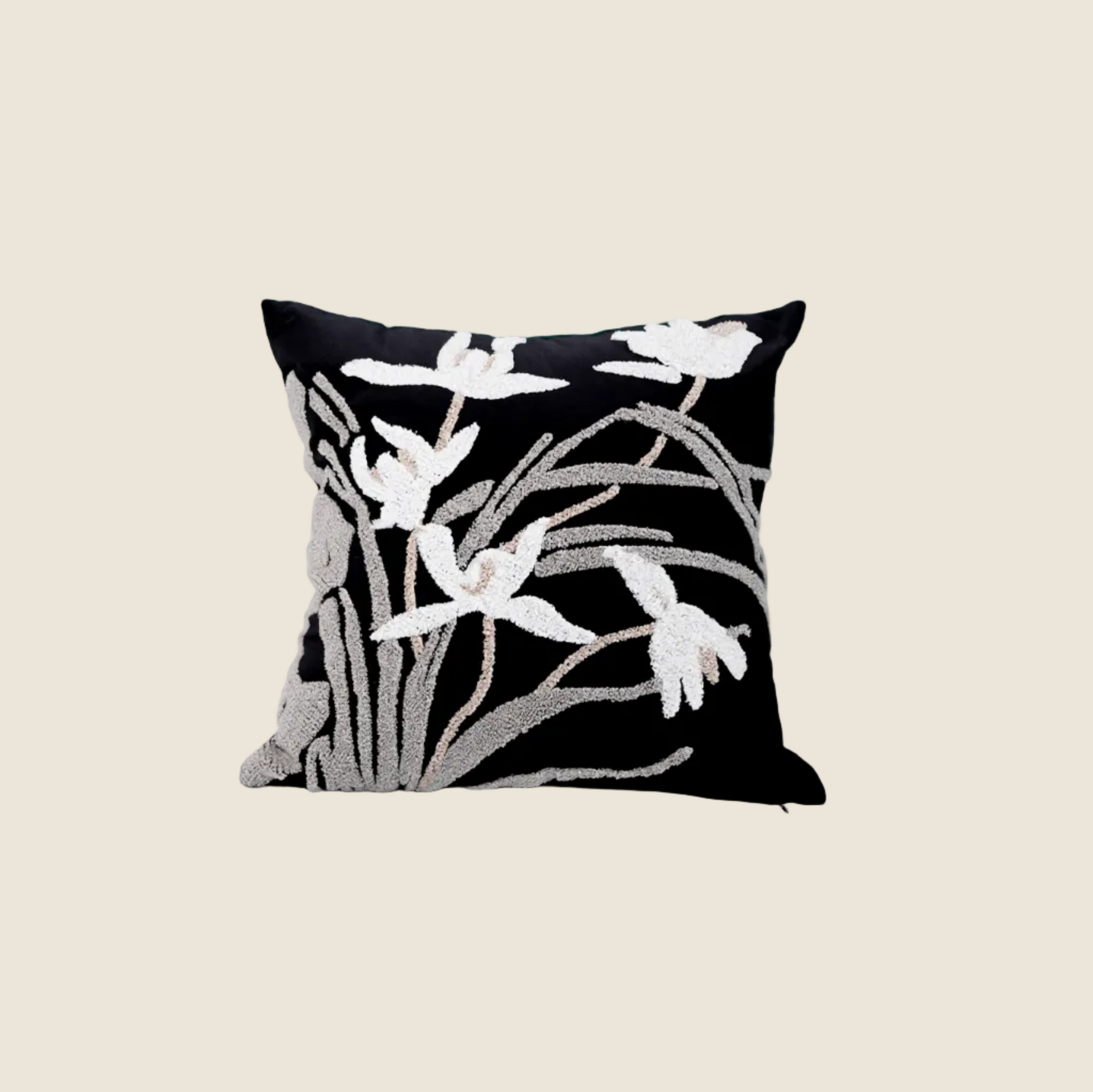 LaLuna Home Chinoiserie Orchid Embroidered Velvet Throw Pillow