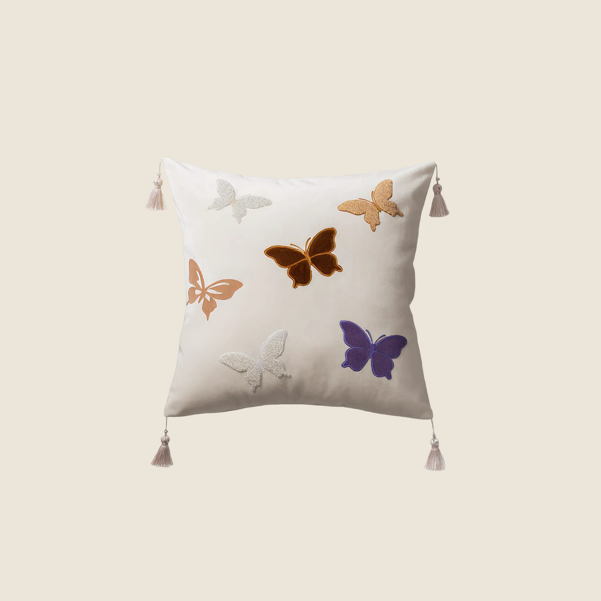 LaLuna Home Chinoiserie Butterfly Embroidered Velvet Throw Pillow - Ivory