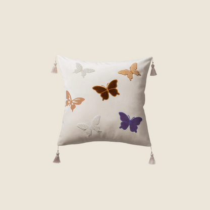 LaLuna Home Chinoiserie Butterfly Embroidered Velvet Throw Pillow - Ivory