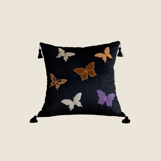 LaLuna Home Chinoiserie Butterfly Embroidered Velvet Throw Pillow - Black