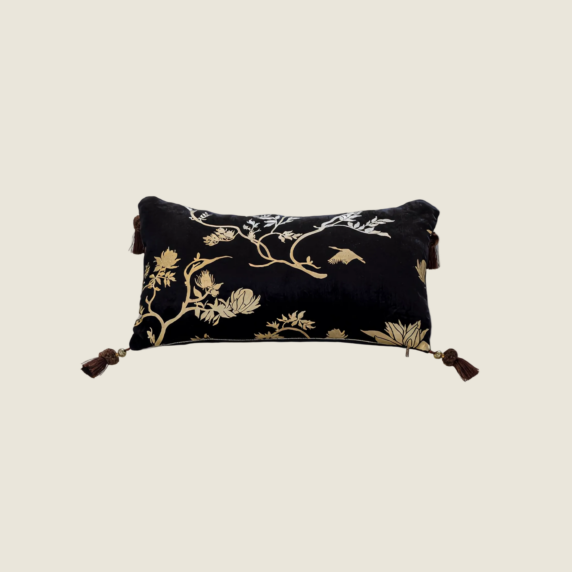 Chinoiserie Black Gilding Floral Branches Throw Pillow with Tassels