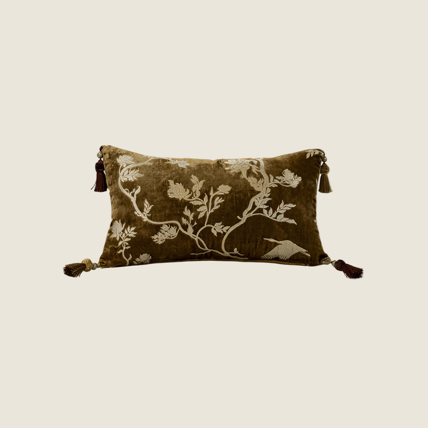 Chinoiserie Gilding Floral Branches Throw Pillow with Tassels