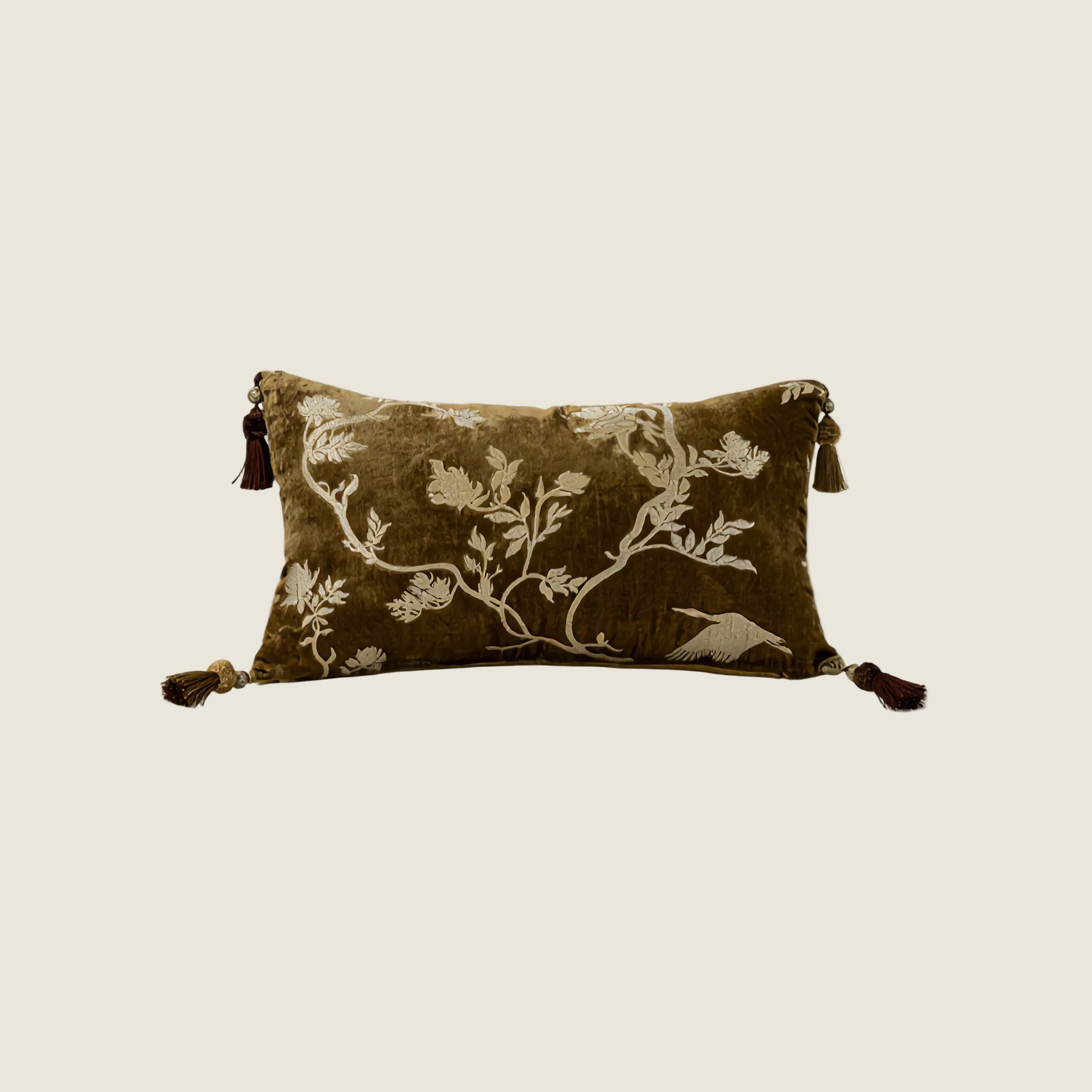 Chinoiserie Gilding Floral Branches Throw Pillow with Tassels
