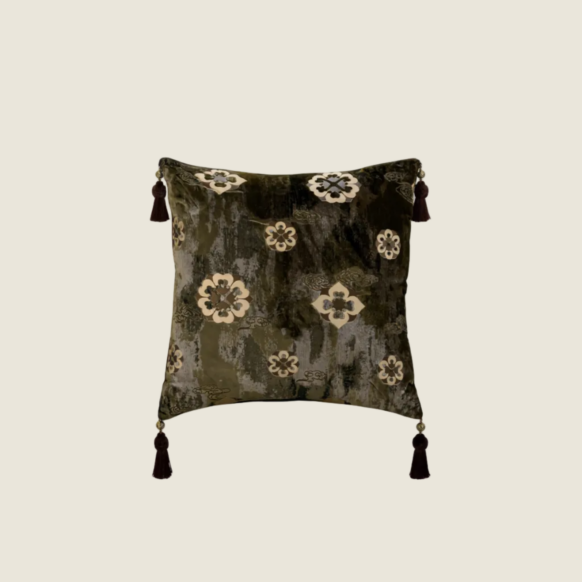 Chinoiserie Green Gilding Moonlight Elegance Throw Pillow with Tassels