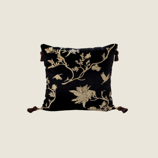 Chinoiserie Black Gilding Floral Branches Throw Pillow with Tassels