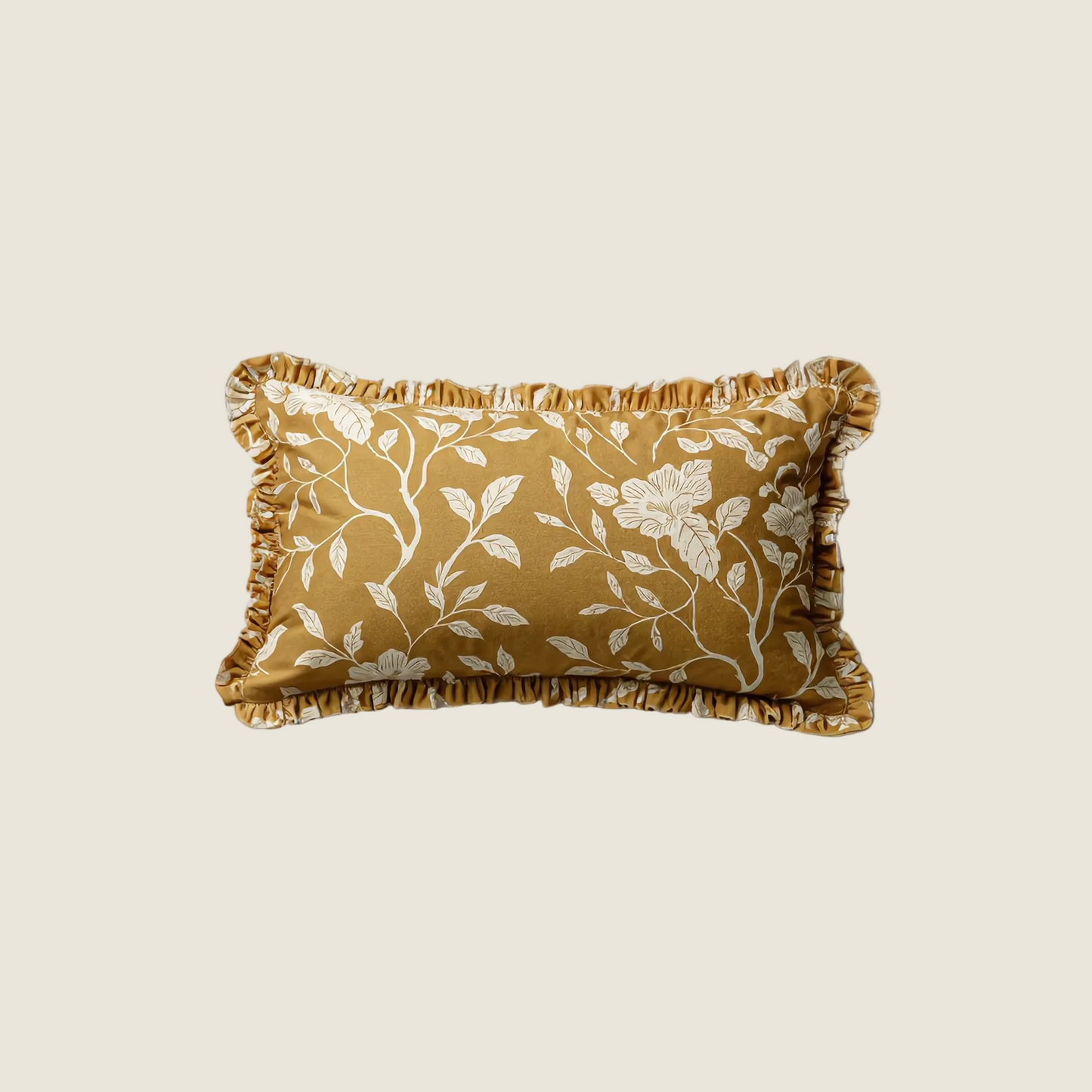 Chinoiserie Golden Floral Lumbar Pillow with Ruffle Trim