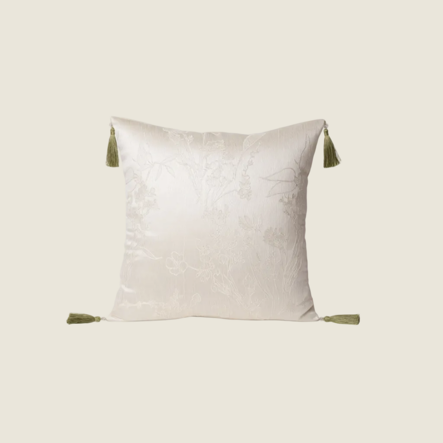 Chinoiserie Magnolia Bloom Jacquard Throw Pillow with Tassels
