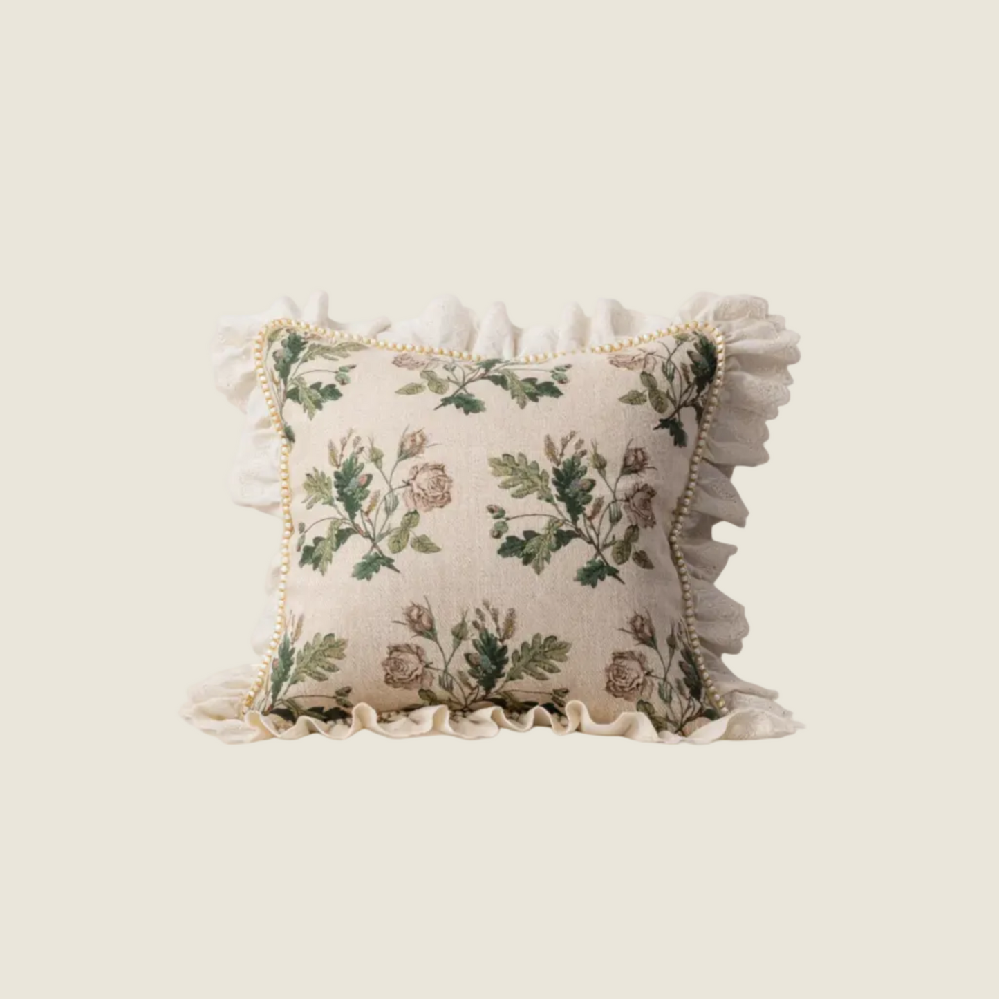 Chinoiserie Green Verse Floral Pattern Throw Pillow with Pearls Decoration